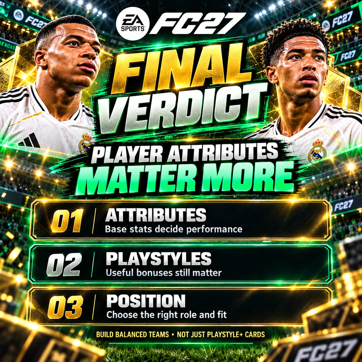 Veredicto final de los PlayStyles de FC 27 que explica por qué los atributos de los jugadores, los PlayStyles adecuados y los roles posicionales son esenciales para construir un equipo competitivo.