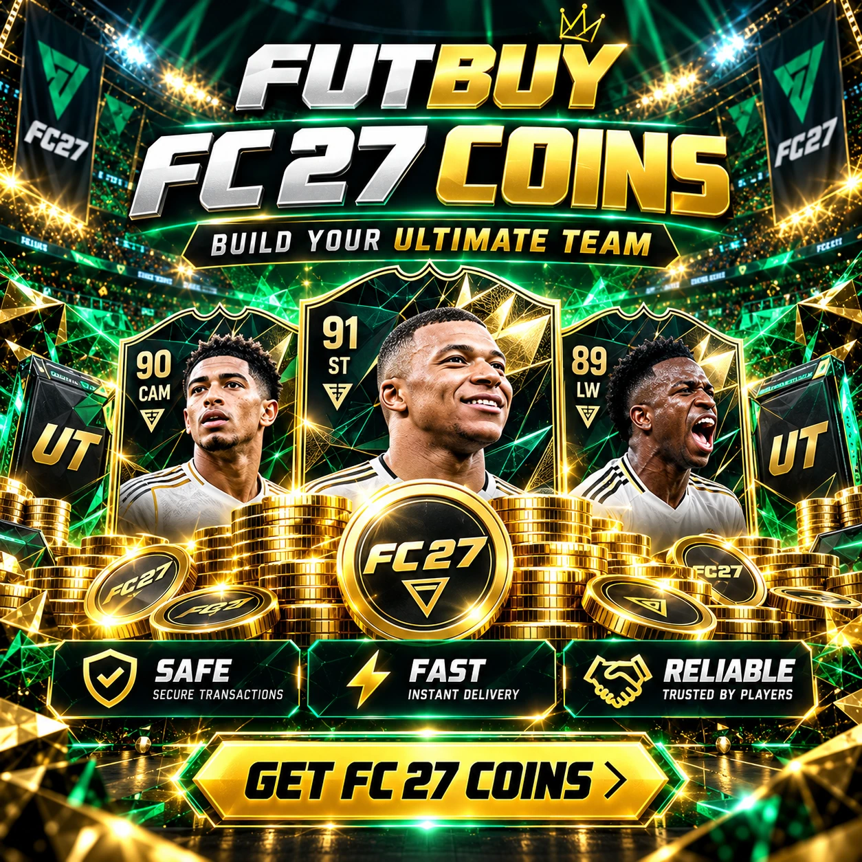 FUTBUY FC 27 Coins Werbegrafik mit Ultimate Team Spielerkarten, Goldmünzen und einem wettbewerbsorientierten Kaderaufbau-Thema.