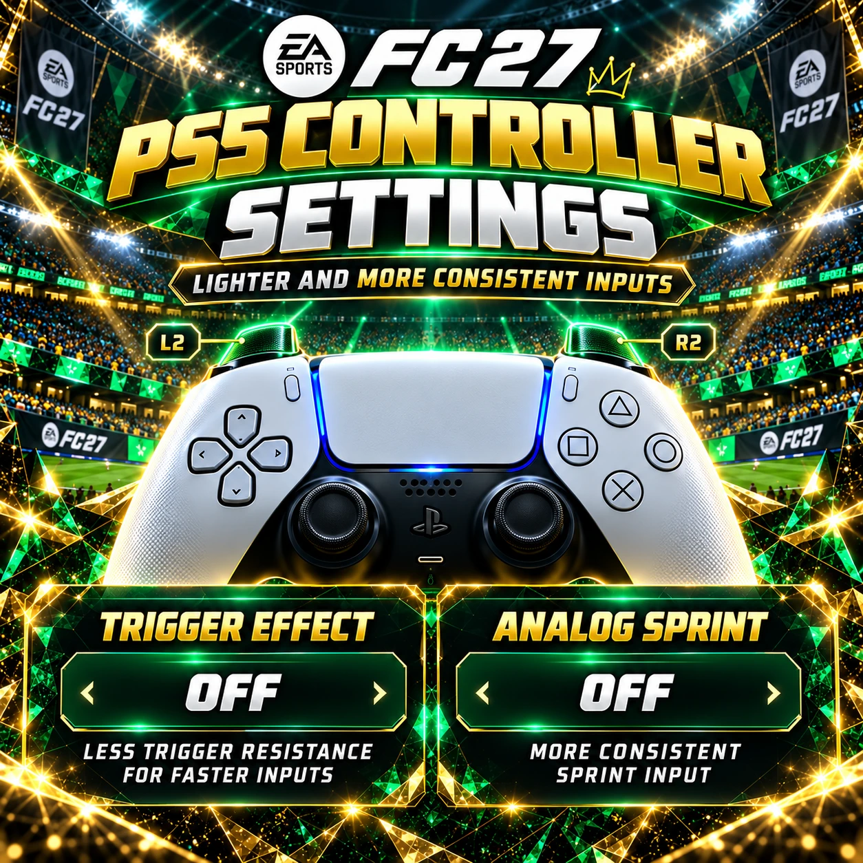 FC 27 PS5 DualSense-Controller-Anleitung zeigt Trigger Effect Off und Analog Sprint Off für ein einheitliches Controller-Gefühl.