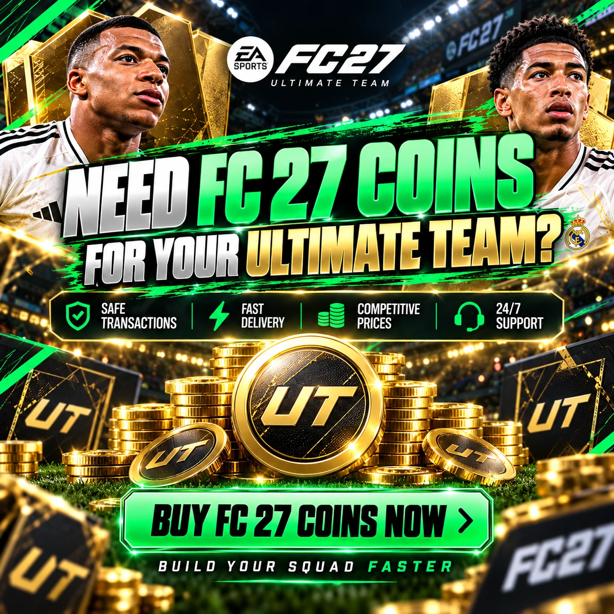 Gráfico CTA de monedas FC 27 que invita a los jugadores a mejorar su equipo de Ultimate Team con monedas FUTBUY.